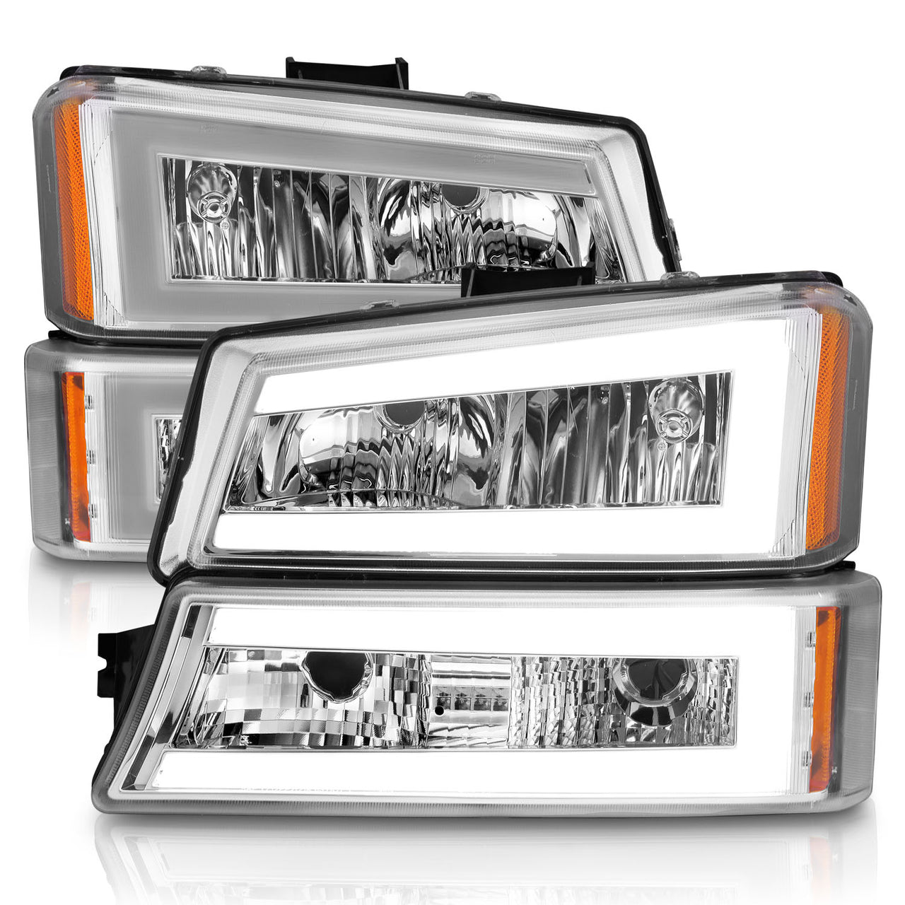 CHEVY SILVERADO 03-07/ AVALANCHE 02-06 HEADLIGHTS W/ SIGNAL LIGHT CHROME HOUSING AMBER (4 PCS) (W/ C LIGHT BAR) W/O BODY CLADDING