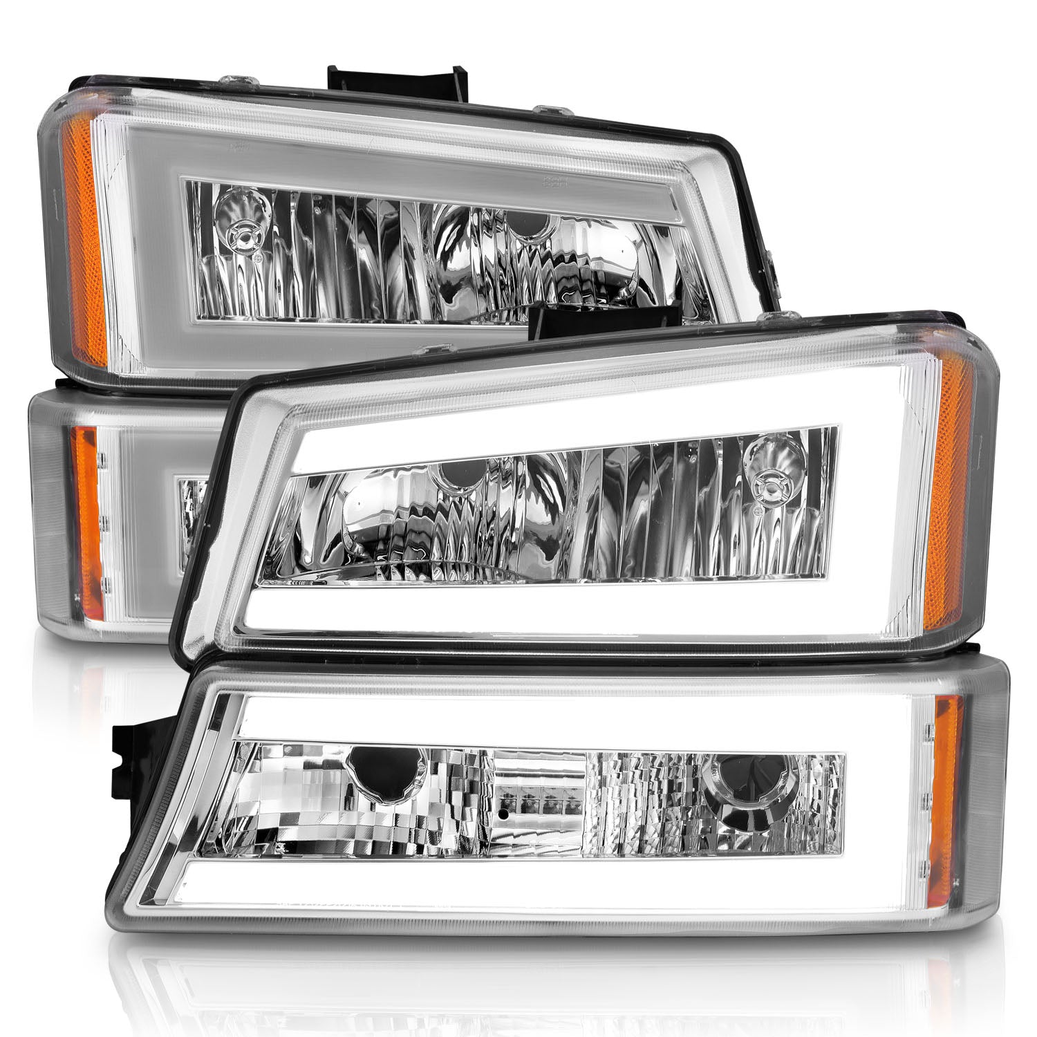 CHEVY SILVERADO 03-07/ AVALANCHE 02-06 HEADLIGHTS W/ SIGNAL LIGHT CHROME HOUSING AMBER (4 PCS) (W/ C LIGHT BAR) W/O BODY CLADDING