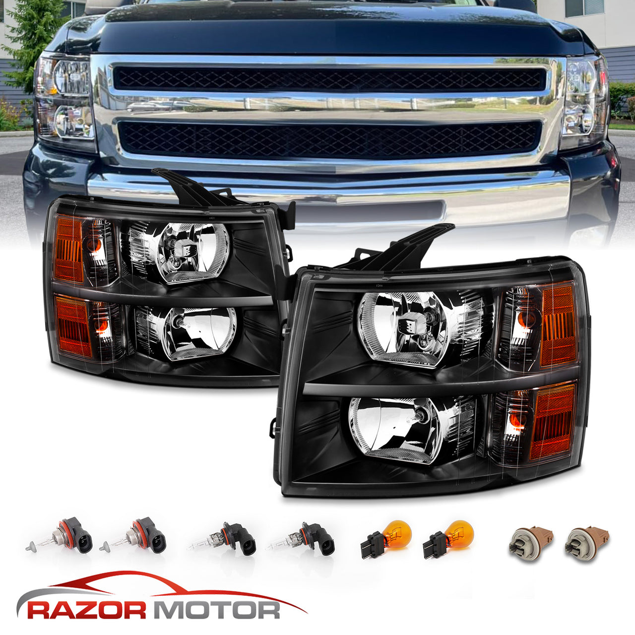 CHEVY SILVERADO 07-13 HEADLIGHTS BLACK AMBER