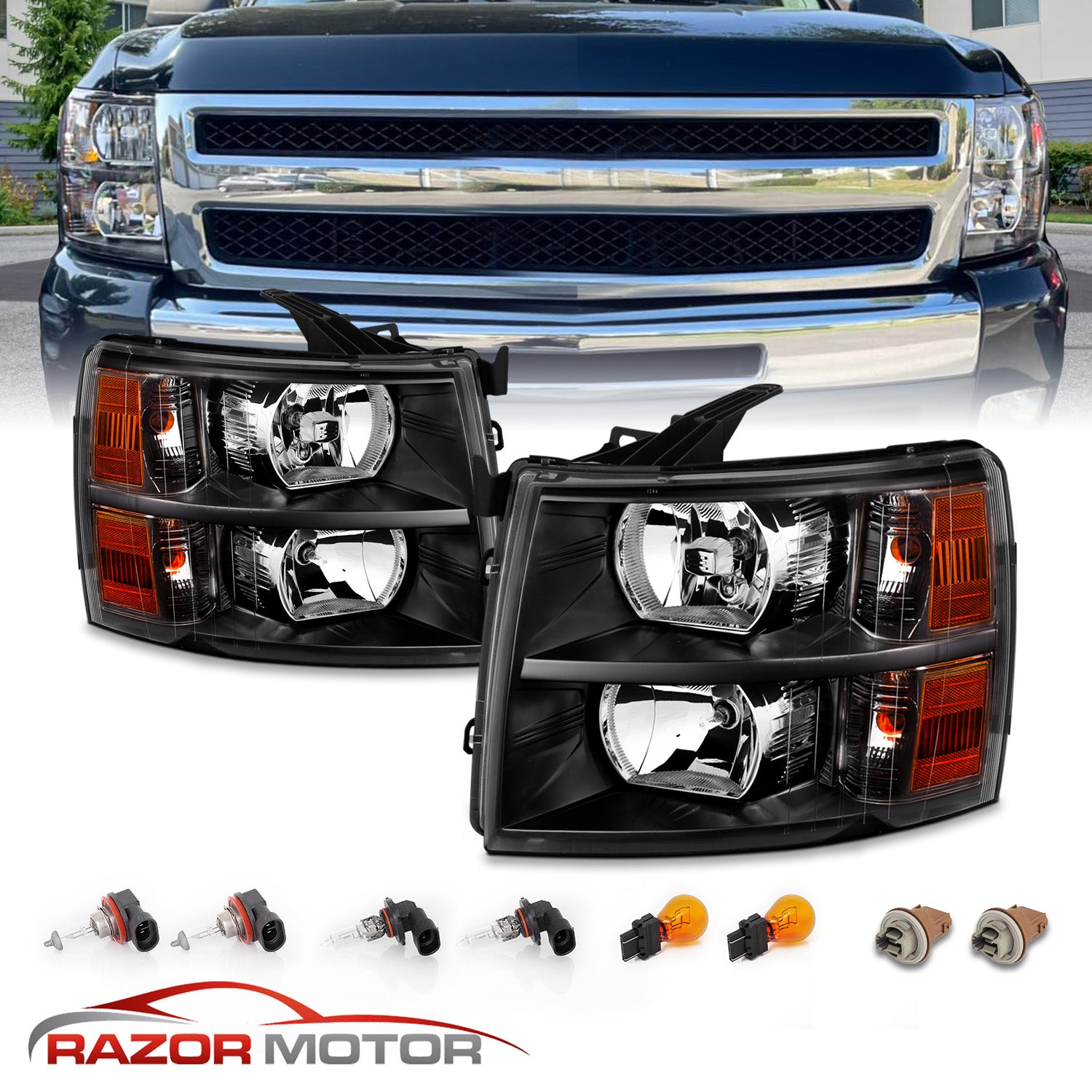 CHEVY SILVERADO 07-13 HEADLIGHTS BLACK AMBER