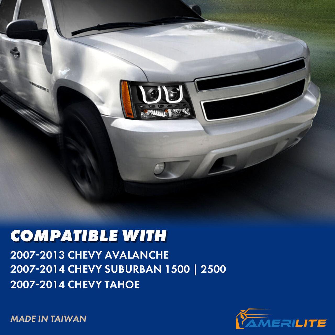 CHEVY TAHOE/SUBURBAN/AVALANCHE 07-13/TAHOE HYBRID 08-13 PROJECTOR U-BAR STYLE HEADLIGHTS BLACK  AMBER