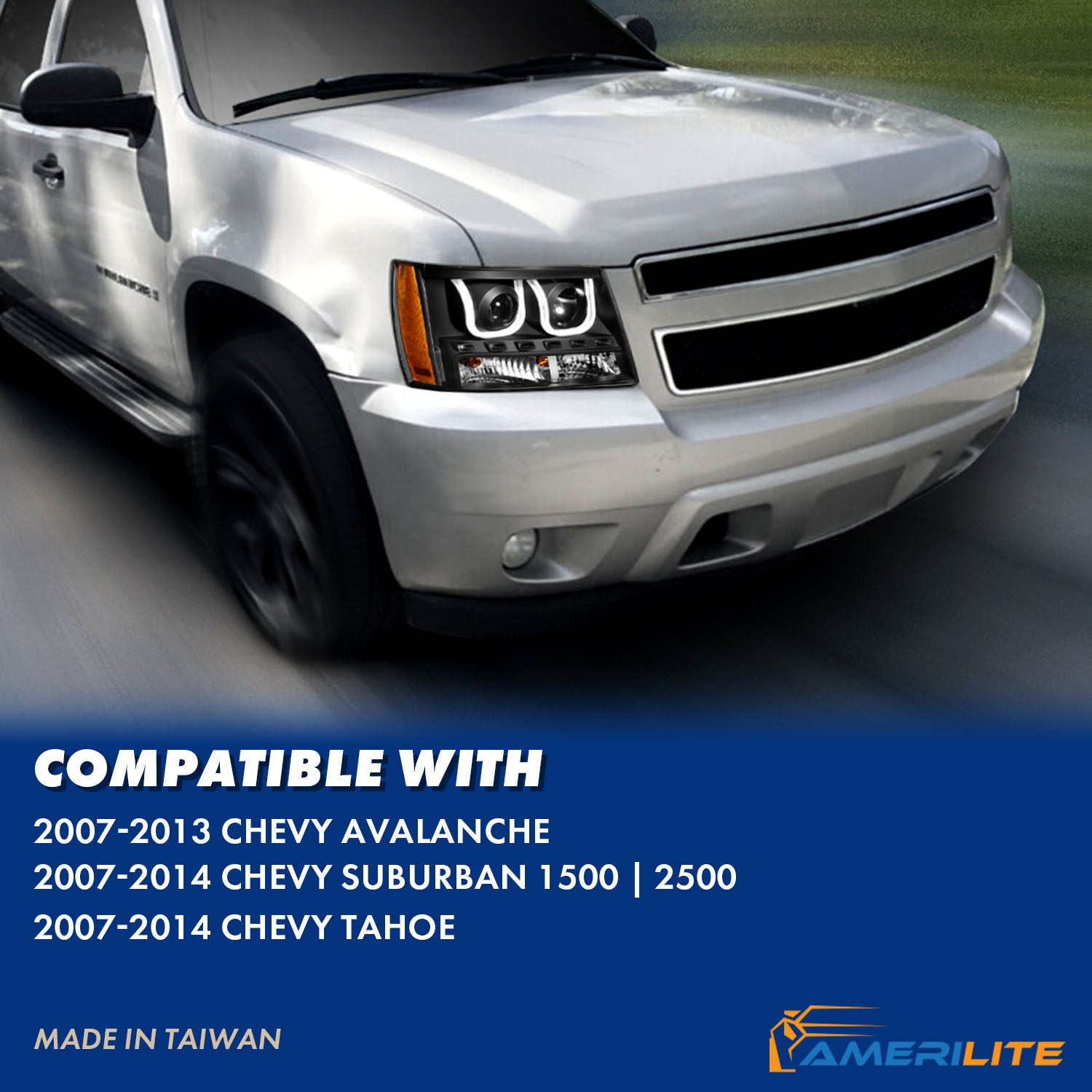 CHEVY TAHOE/SUBURBAN/AVALANCHE 07-13/TAHOE HYBRID 08-13 PROJECTOR U-BAR STYLE HEADLIGHTS BLACK  AMBER