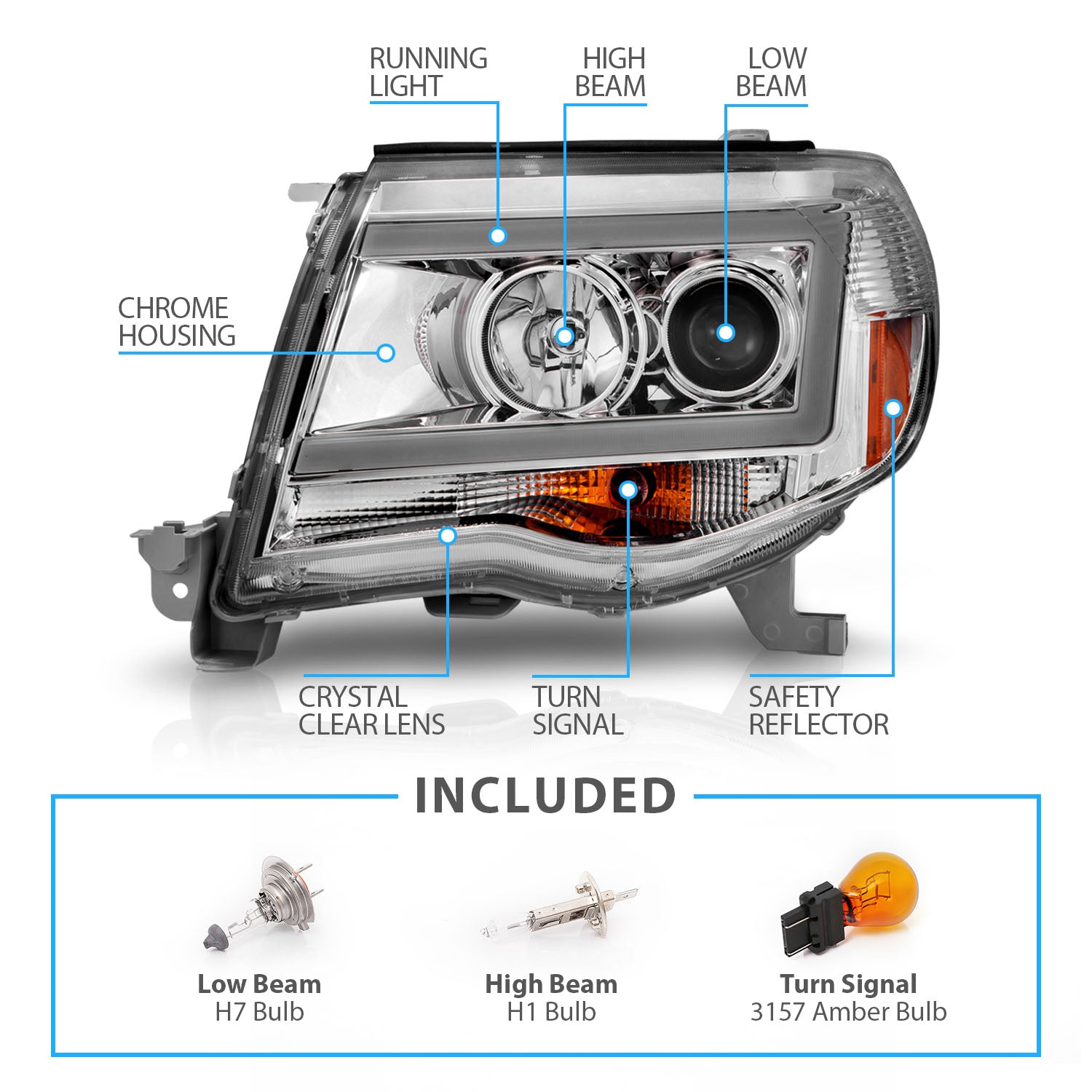 TOYOTA TACOMA 05-11 PROJECTOR LIGHT BAR STYLE HEADLIGHTS CHROME AMBER  (W/ C LIGHT BAR)