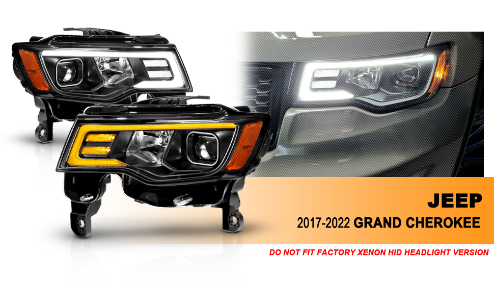 JEEP GRAND CHEROKEE 17-18 PROJECTOR LIGHT BAR STYLE SWITCHBACK HEADLIGHTS BLACK AMBER