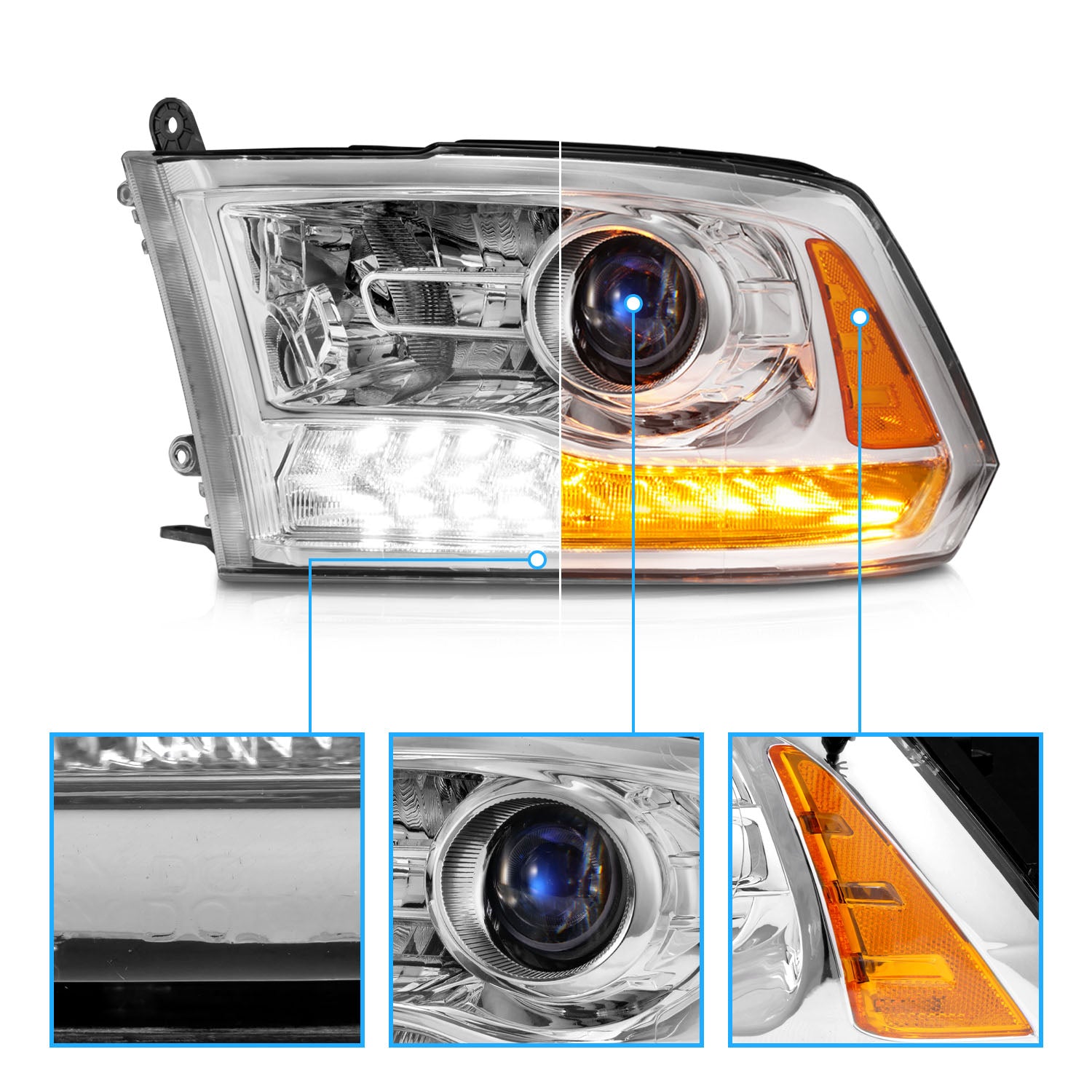 DODGE RAM 09-18 PROJECTOR PLANK STYLE SWITCHBACK H.L CHROME AMBER (OE STYLE) (ALL MODEL)