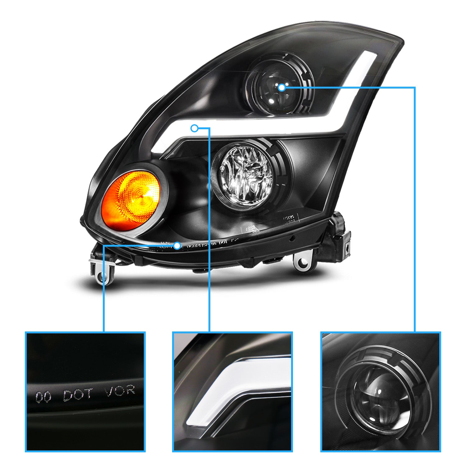 INFINITI G35 03-07 2DR H.L BLACK PROJECTOR CLEAR HALO(HID COMPATIBLE& SUPER WHITE)