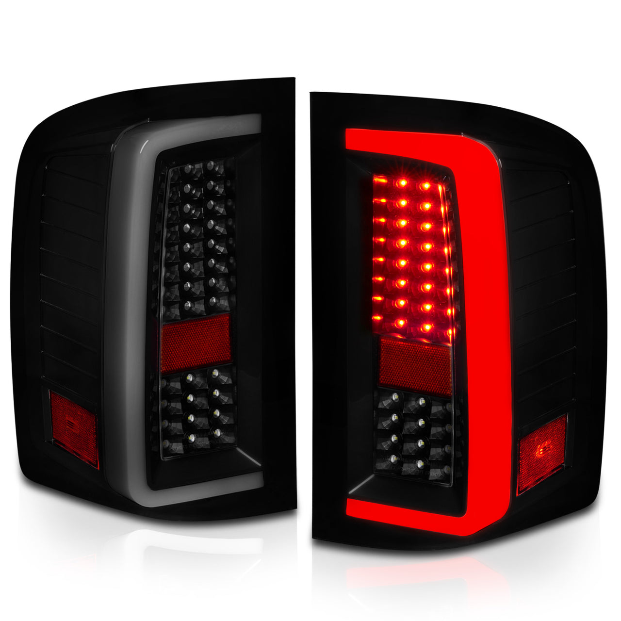 CHEVY SILVERADO 1500/2500/3500 07-10/HYBRID 09/GMC SIERRA 07-09 LED TAIL LIGHTS G5  BLACK HOUSING SMOKE LENS (W/ WHITE LIGHT BAR)