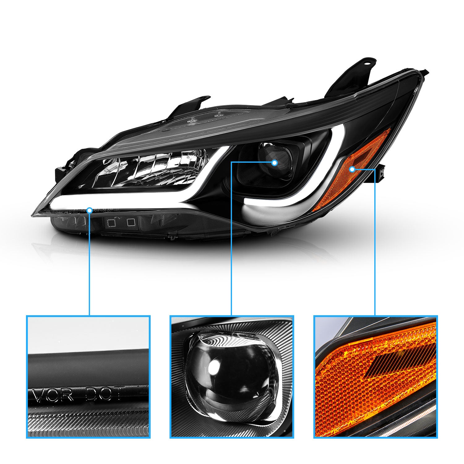 TOYOTA CAMRY 15-16 4DR PROJECTOR LIGHT BAR STYLE HEADLIGHTS BLACK AMBER