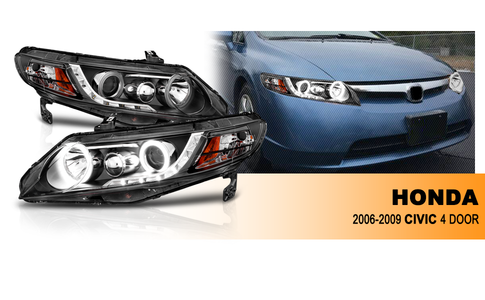 HONDA CIVIC 06-11 4DR/HYBRID PROJECTOR HEADLIGHTS HALO BLACK CLEAR AMBER (RX HALO)
