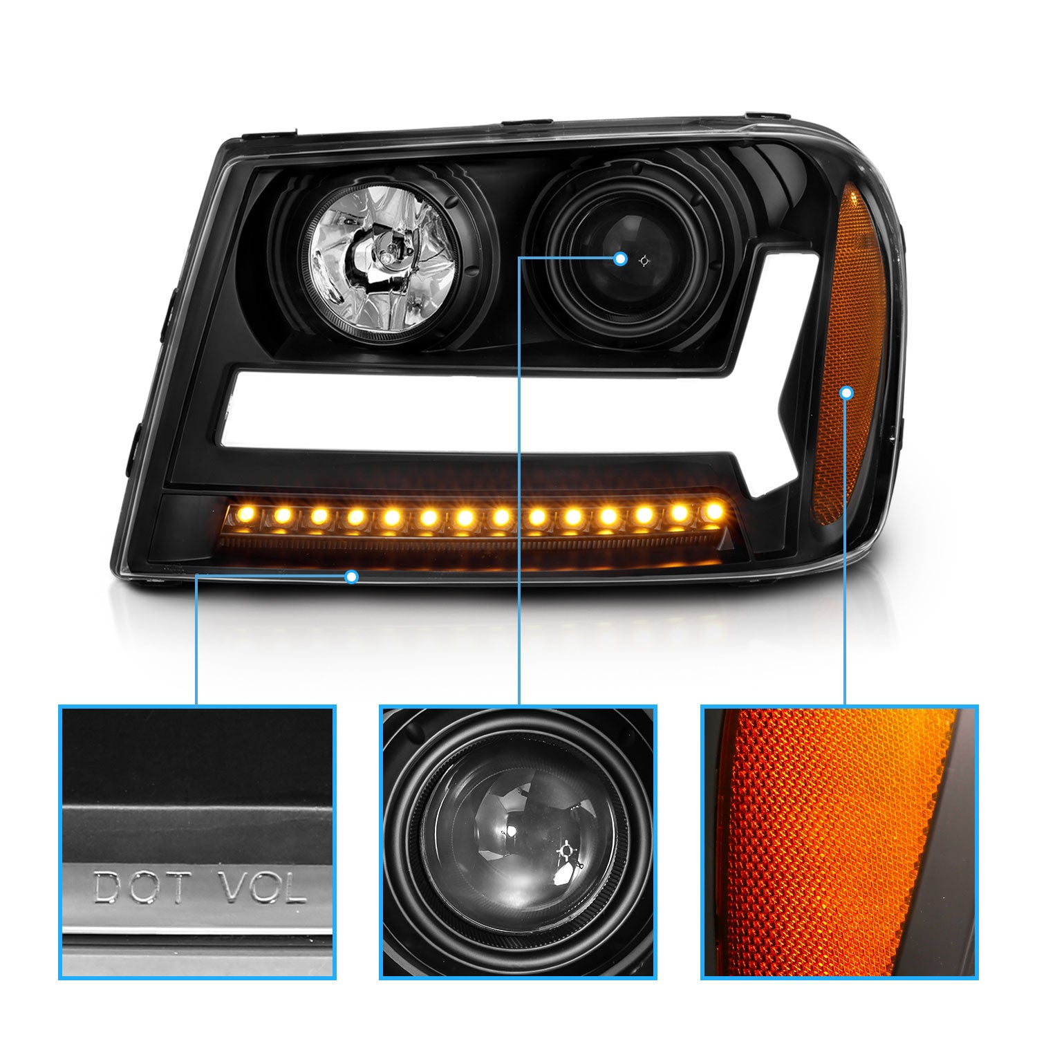 CHEVY TRAILBLAZER 06-09 LT / 08 LS PROJECTOR LIGHT BAR STYLE HEADLIGHTS BLACK AMBER