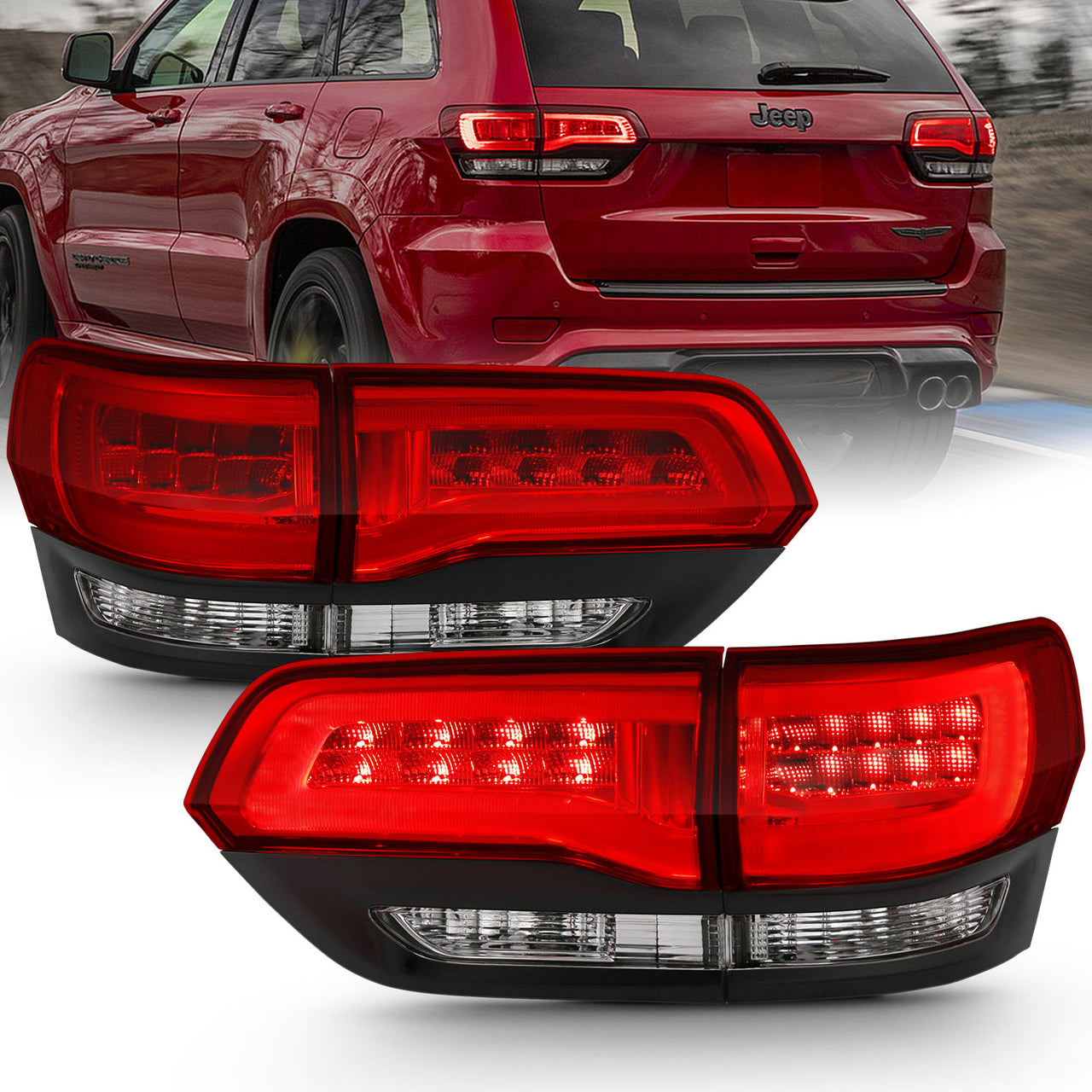 JEEP GRAND CHEROKEE 14-17 LED TAIL LIGHTS RED/CLEAR (4PCS) (BLACK EDGE)