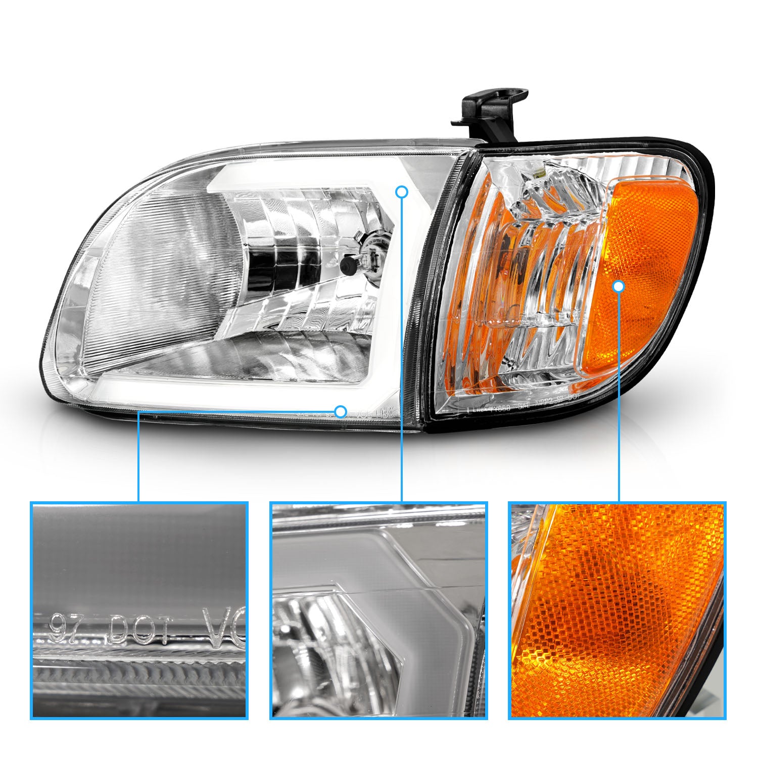TOYOTA TUNDRA 00-04 HEADLIGHTS CHROME AMBER W/ C LIGHT BAR  W/CORNER LIGHTS (REGULAR CAB, ACCESS CAB)