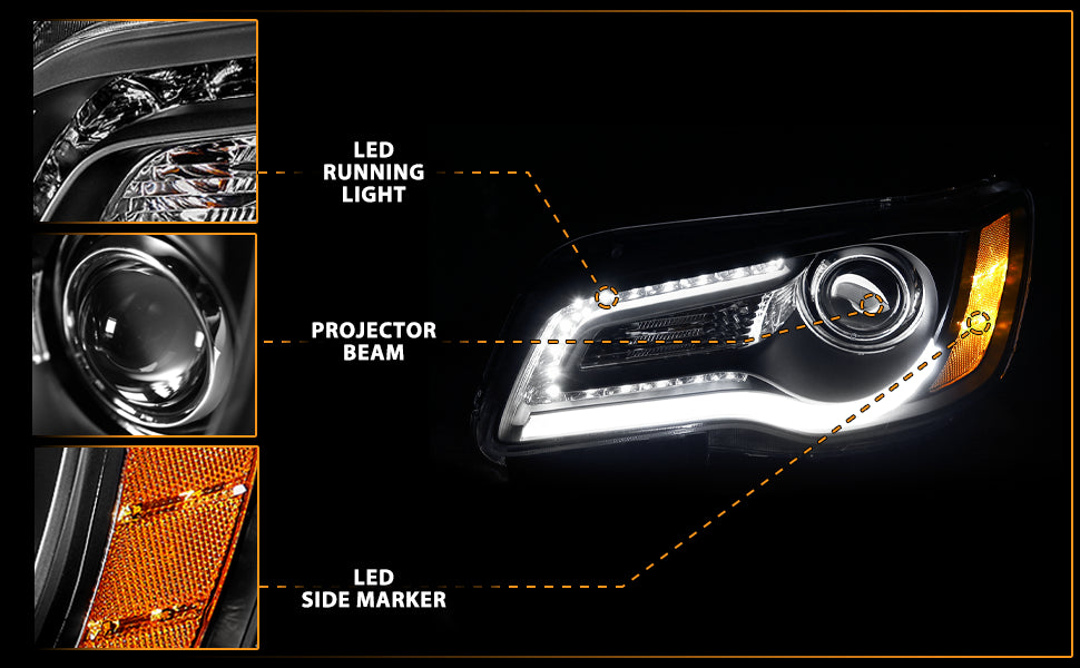 CHRYSLER 300 11-UP PROJECTOR LIGHT BAR STYLE HEADLIGHTS BLACK CLEAR AMBER