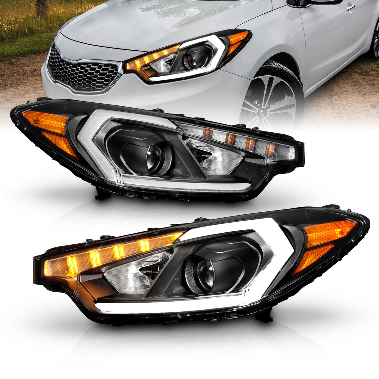 KIA FORTE 14-16 LED PLANK STYLE HEADLIGHTS BLACK (W/ FACTORY LED DRL)