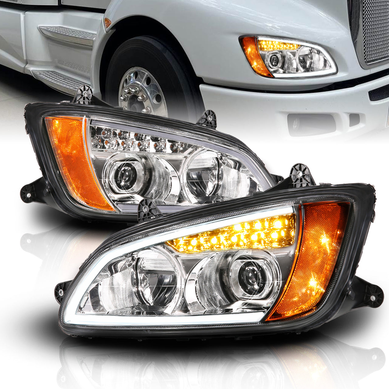 KENWORTH T-660 08-17 FULL LED PROJECTOR PLANK STYLE H.L CHROME AMBER REFLECTOR
