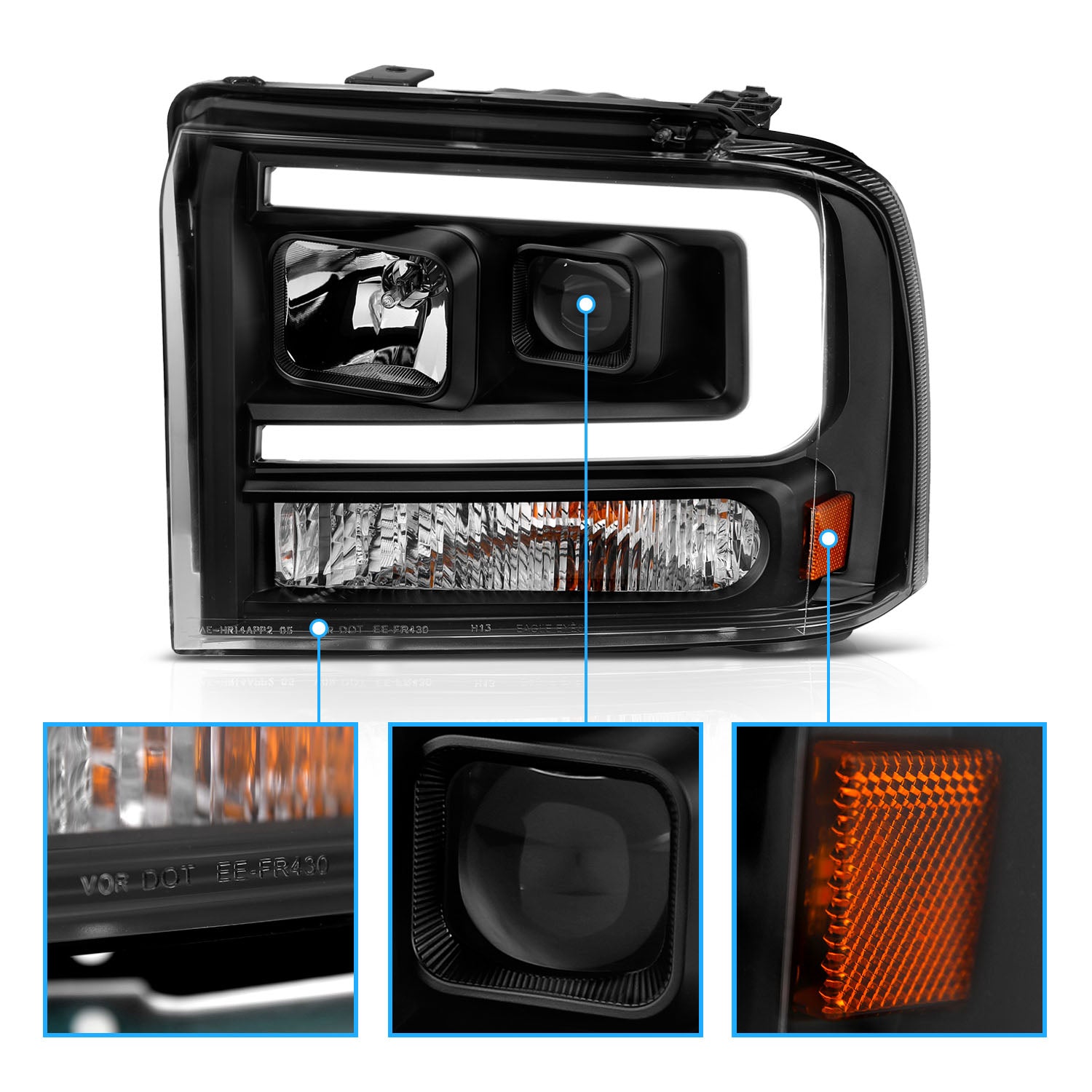 FORD F-250/350/450/550 SUPERDUTY 05-07/EXCURSION 2005 PROJECTOR HEADLIGHTS BLACK AMBER (W/ C LIGHTS BAR)