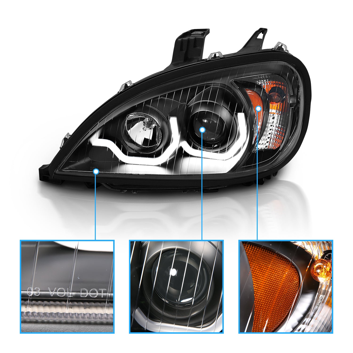 FREIGHTLINER COLUMBIA 04-15 PROJECTOR PLANK STYLE H.L BLACK AMBER REFLECTOR