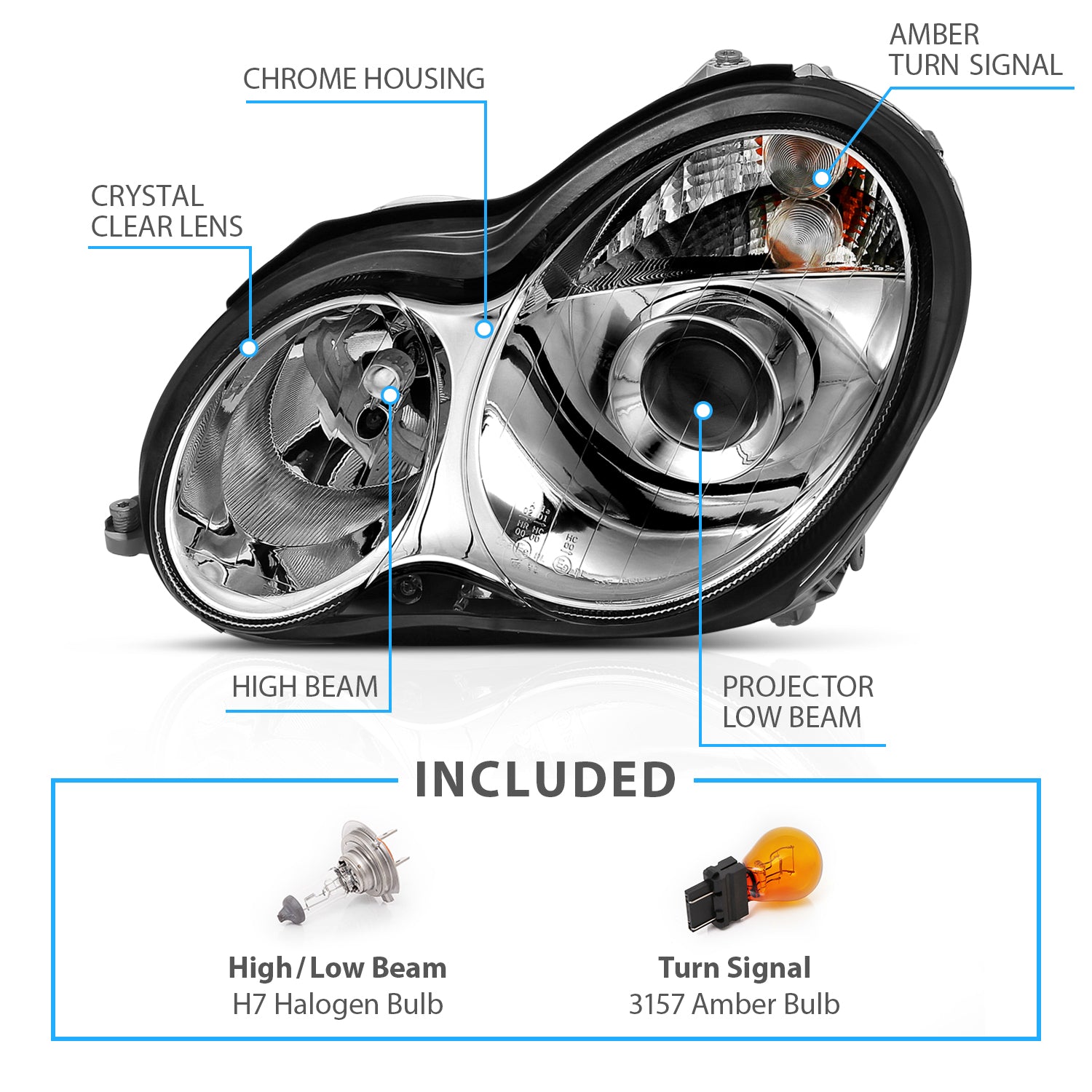 MBZ C CLASS W203 00-07 PROJECTOR HEADLIGHTS CHROME CLEAR