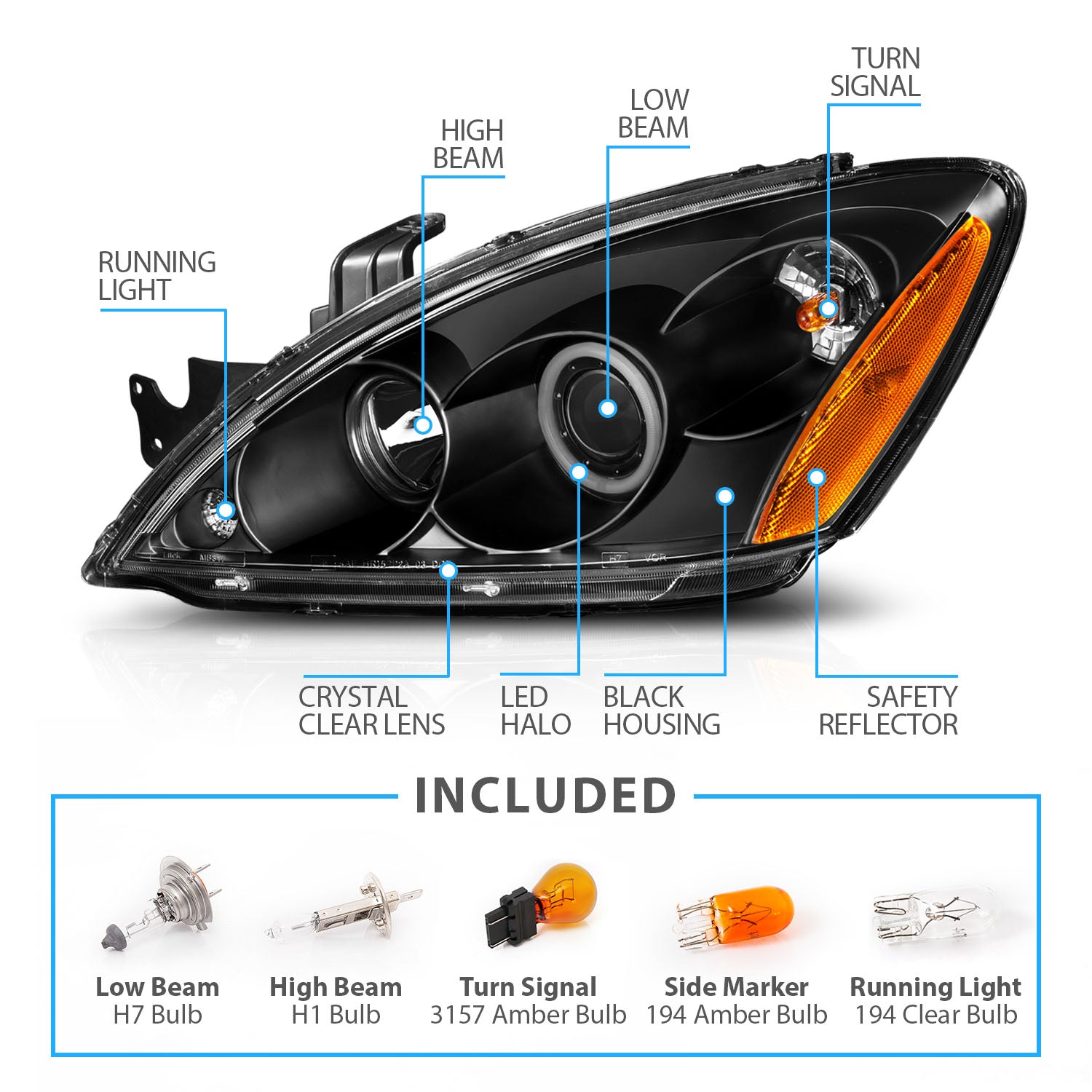 MITSUBISHI LANCER 04-06 PROJECTOR HEADLIGHTS HALO BLACK CLEAR AMBER (RX HALO)