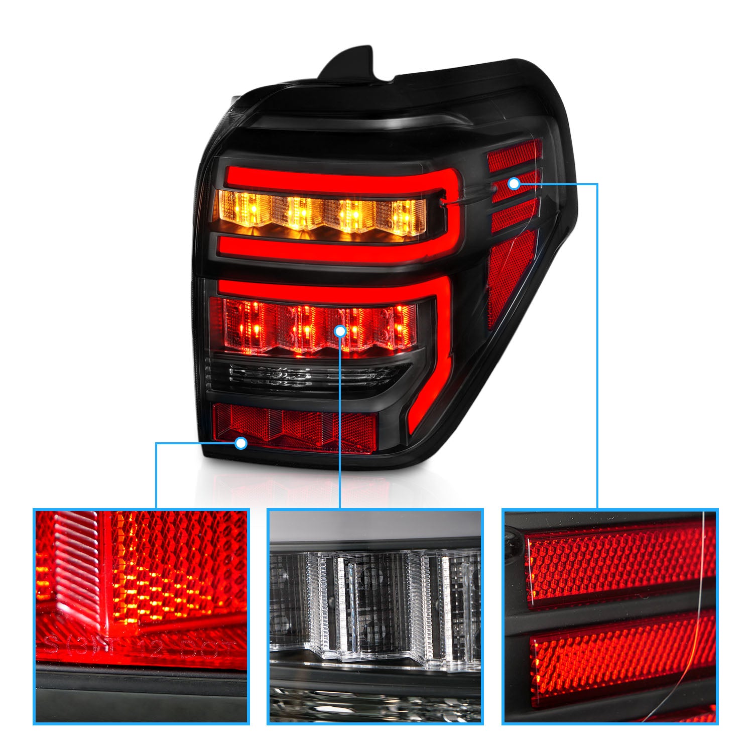 TOYOTA 4 RUNNER 14-23 TAIL LIGHTS BLACK HOUSING CLEAR LENS RED LIGHT BAR