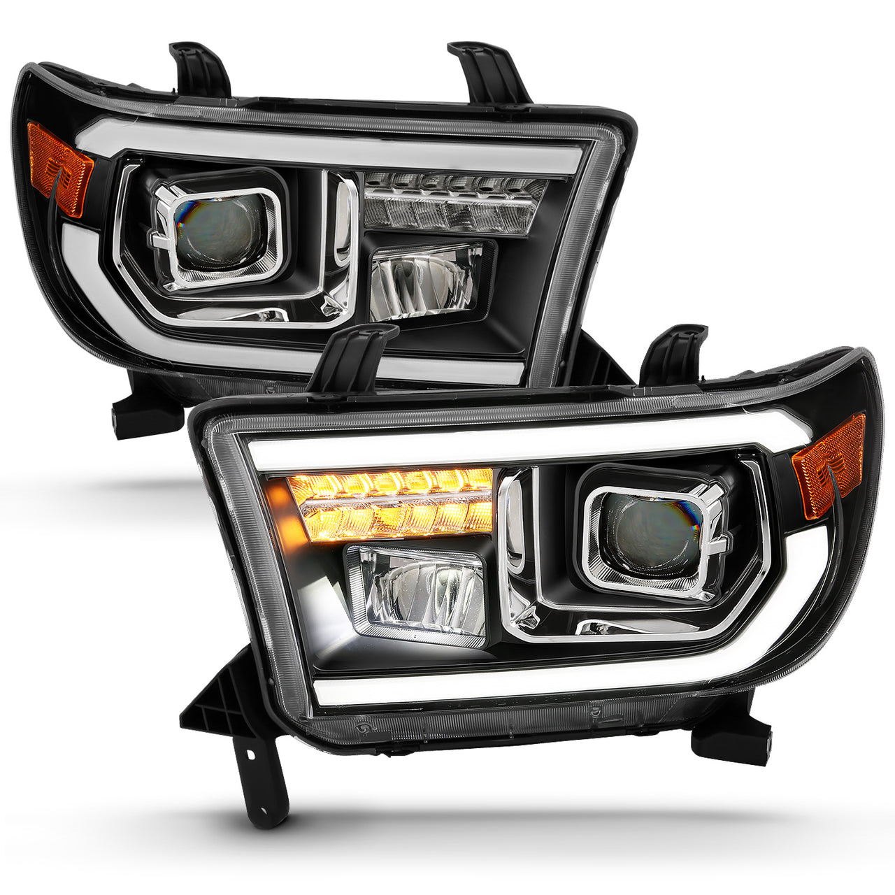 TOYOTA TUNDRA 07-13/SEQUOIA 08-17 PROJECTOR LIGHT BAR STYLE HEADLIGHTS BLACK AMBER (LED HIGH BEAM) (BULB VERSION)