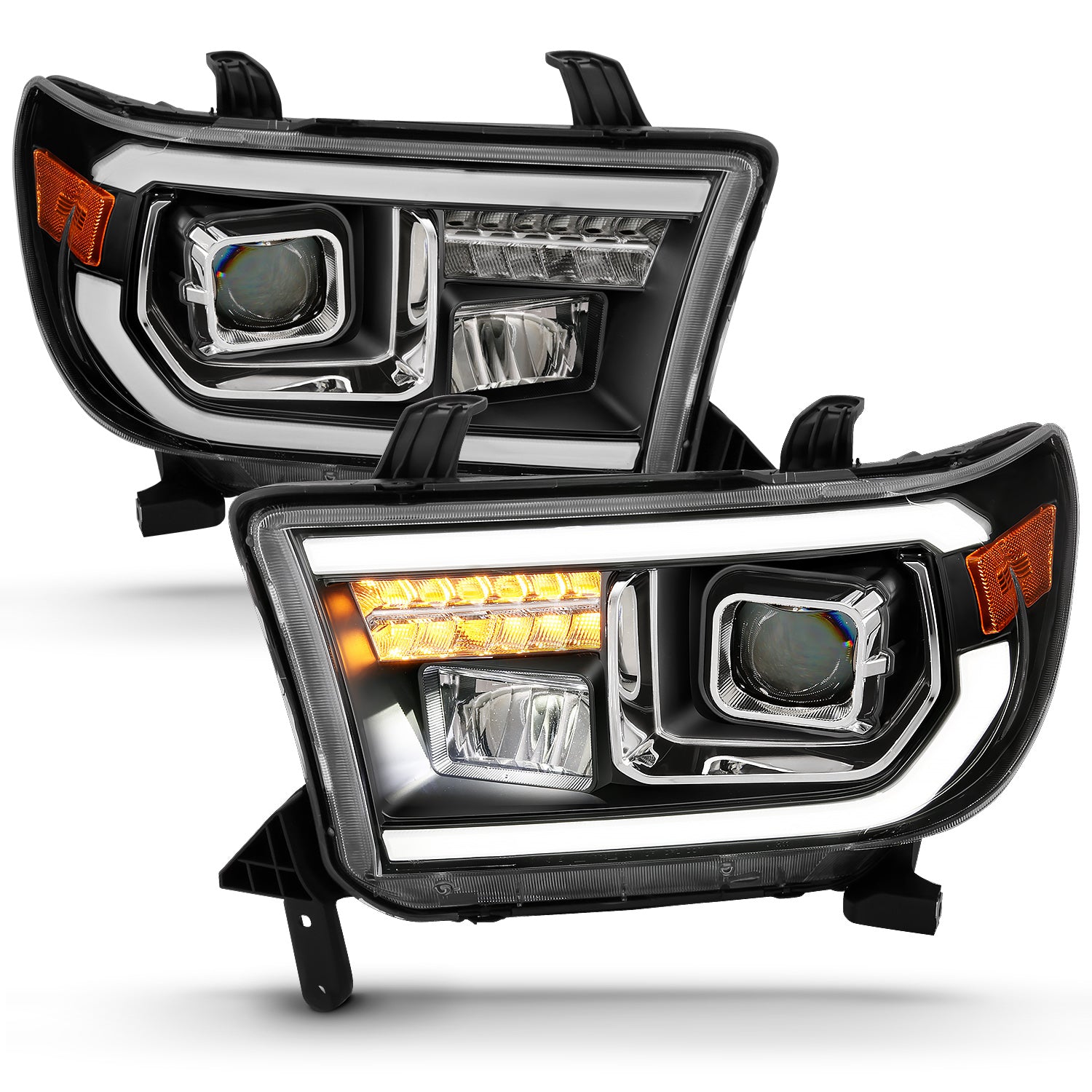 TOYOTA TUNDRA 07-13/SEQUOIA 08-17 PROJECTOR LIGHT BAR STYLE HEADLIGHTS BLACK AMBER (LED HIGH BEAM) (BULB VERSION)