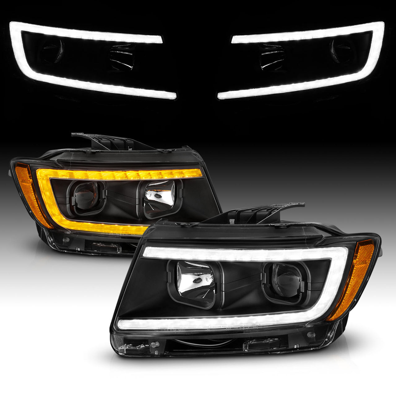 JEEP GRAND CHEROKEE 11-13 PROJECTOR SWITCHBACK HEADLIGHTS BLACK AMBER (W/ C LIGHT BAR)