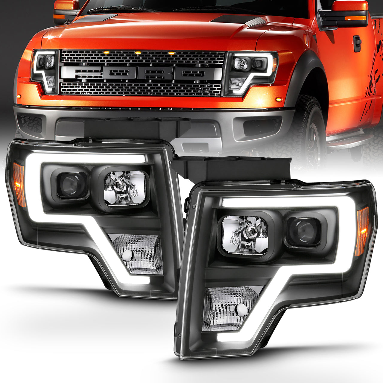 FORD F-150 09-13 PROJECTOR LIGHT BAR STYLE HEADLIGHTS BLACK AMBER