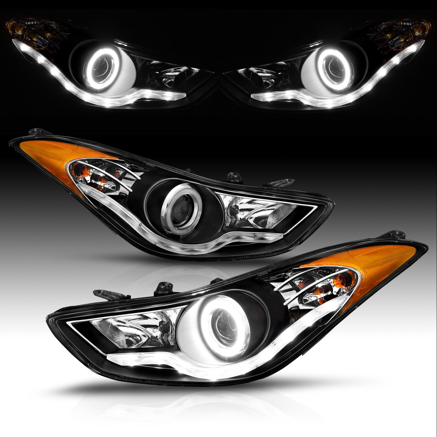 HYUNDAI ELANTRA 11-13 PROJECTOR HEADLIGHTS HALO BLACK CLEAR AMBER (RX HALO)