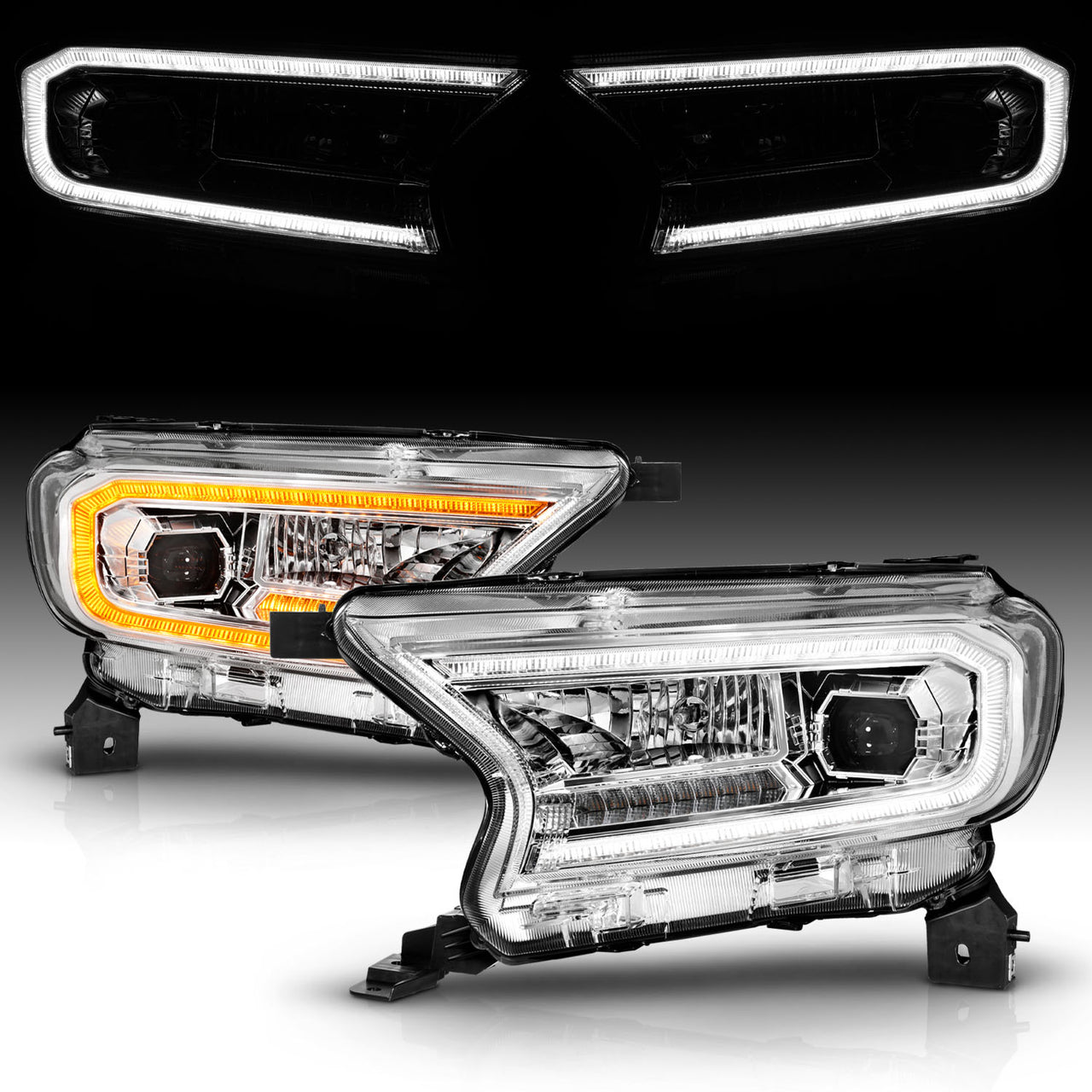 FORD RANGER 19-23 PROJECTOR HEADLIGHTS CHROME HOUSING CLEAR LENS SEQUENTIAL LIGHT BAR W/DRL