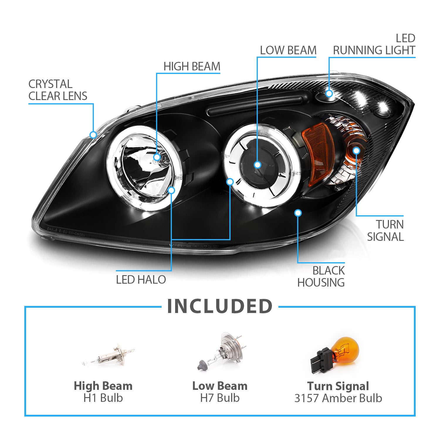 CHEVY COBALT 05-UP PROJECTOR HEADLIGHTS HALO W/O CCFL BAR BLACK CLEAR AMBER