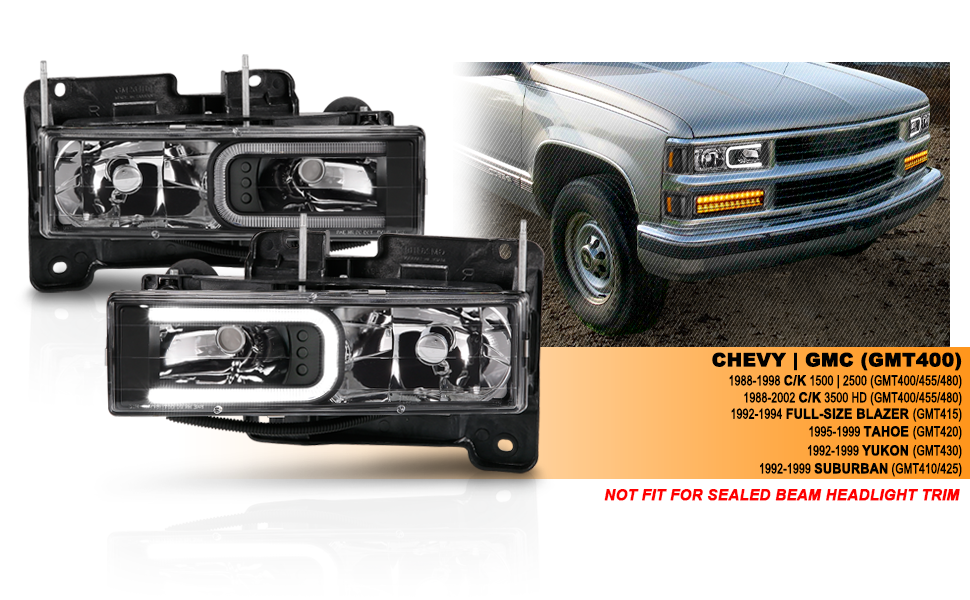 CHEVY/GMC C/K 1500/2500/3500 88-99, SUBURBAN/YUKON 92-00, TAHOE 94-00, BLAZER 92-94 HEADLIGHTS BLACK HOUSING W/ C LIGHTS BAR