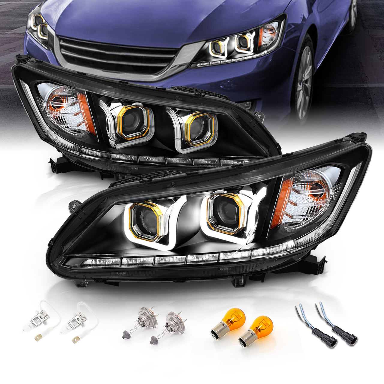 HONDA ACCORD 13 4DR PROJECTOR BAR STYLE HEADLIGHTS BLACK CLEAR AMBER