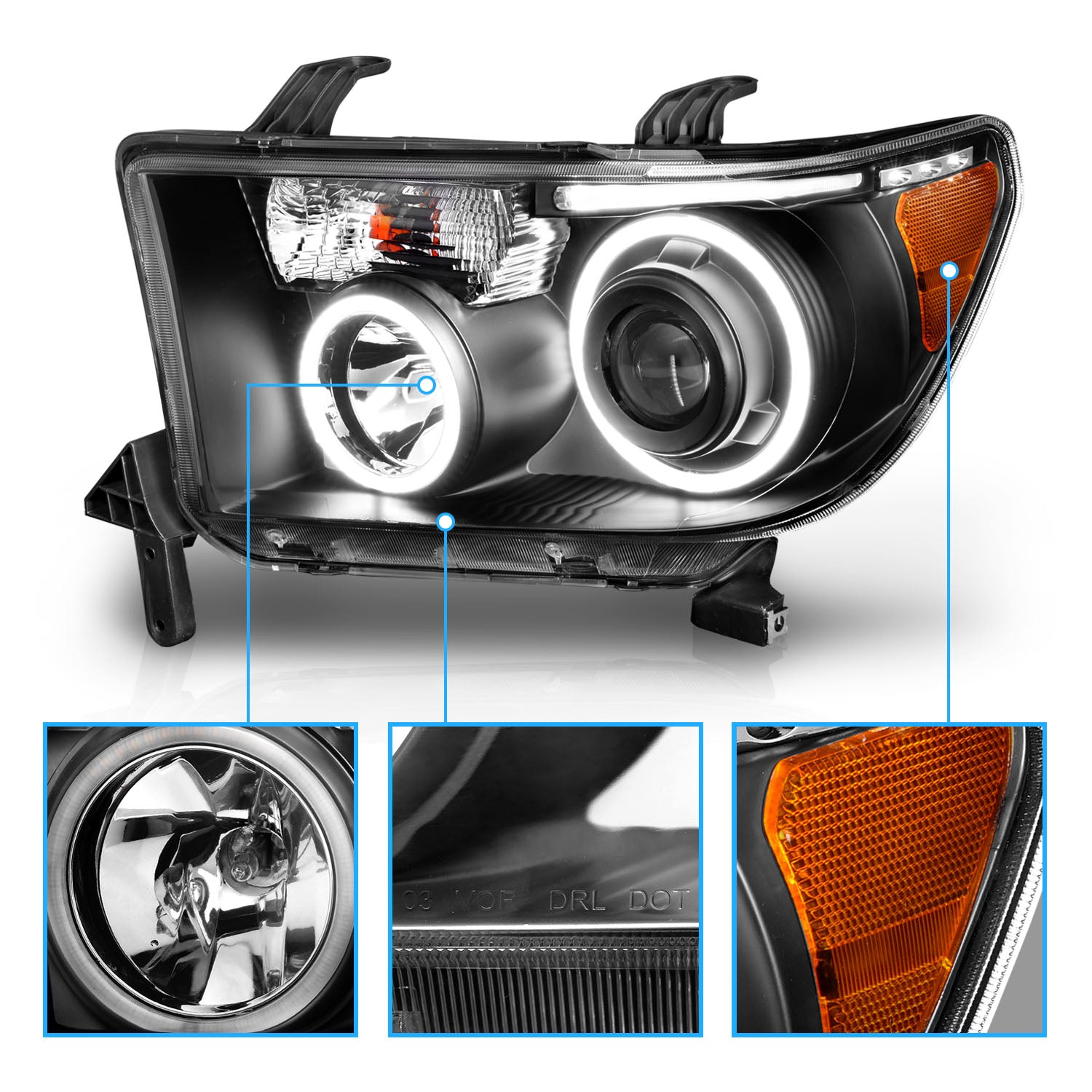 TOYOTA TUNDRA 07-13/SEQUOIA 08-17 PROJECTOR HEADLIGHTS HALO W/ LED BAR BLACK CLEAR AMBER (RX HALO)