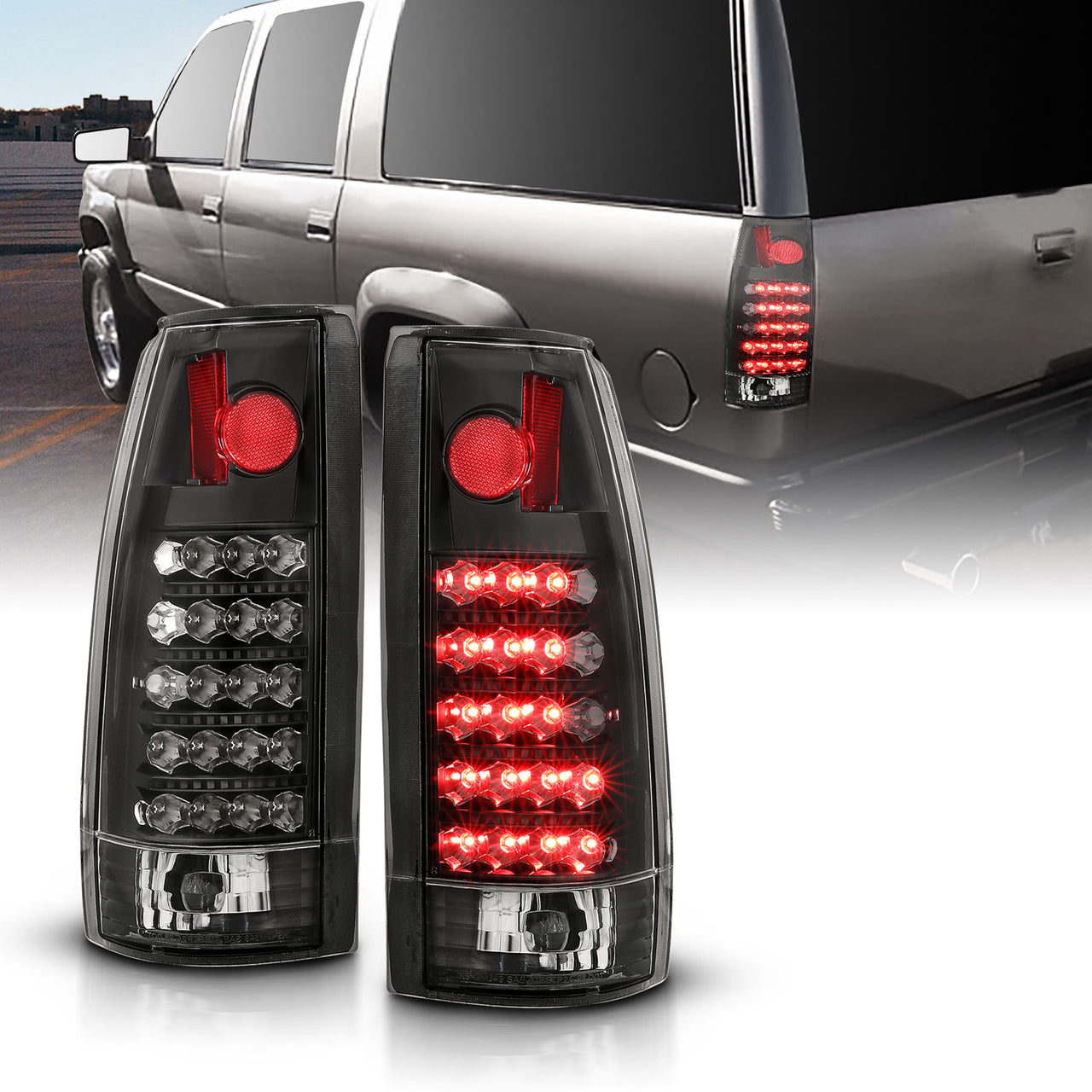 CADILLAC ESCALADE 99-00/CHEVY CK 88-02/SUBURBAN 92-99/TAHOE 92-00/BLAZER 92-00/GMC SIERRA 92-00/YUKON 92-00 LED TAIL LIGHTS BLACK HOUSING CLEAR LENS