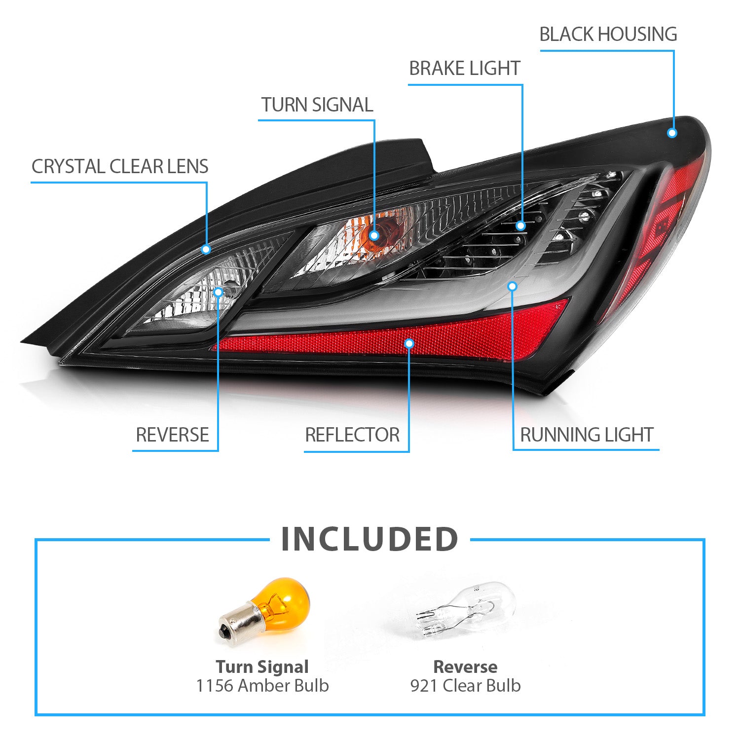 HYUNDAI GENESIS 10-13嚙踝蕭2DR LED TAIL LIGHTS嚙踝蕭BLACK HOUSING DARK SMOKE LENS