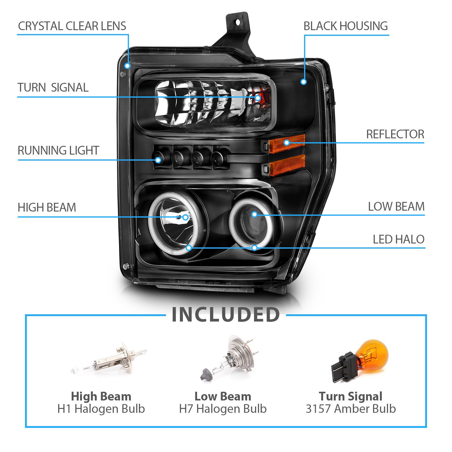 FORD F-250/SUPER DUTY 08-10 PROJECTOR HEADLIGHTS HALO W/O CCFL BAR  BLACK CLEAR AMBER (RX HALO)