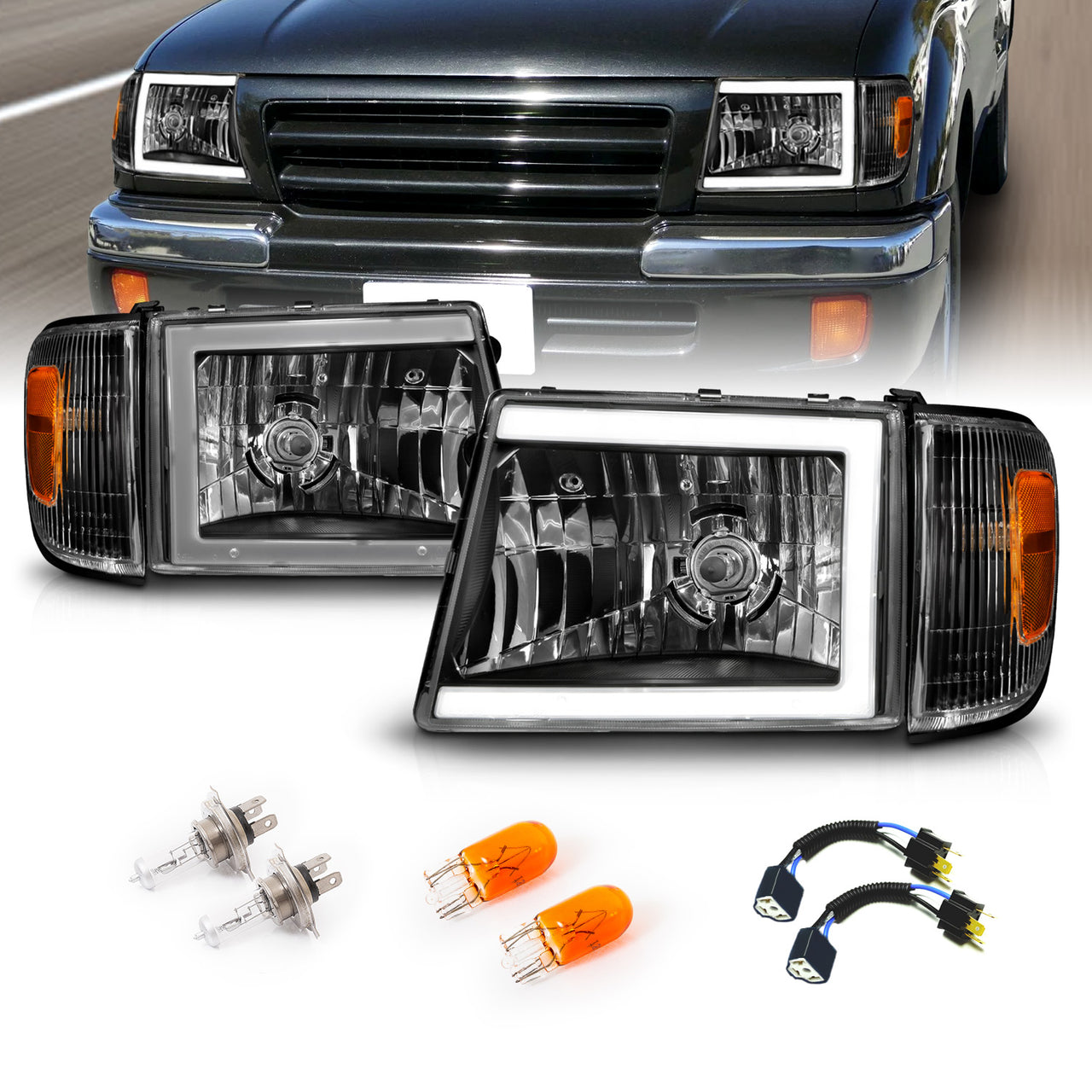 TOYOTA TACOMA 2WD (W/ PRERUNNER) 97-00 / 4WD 98-00 HEADLIGHTS BLACK (W/SIDE MARKERS) (W/ C LIGHT BAR)