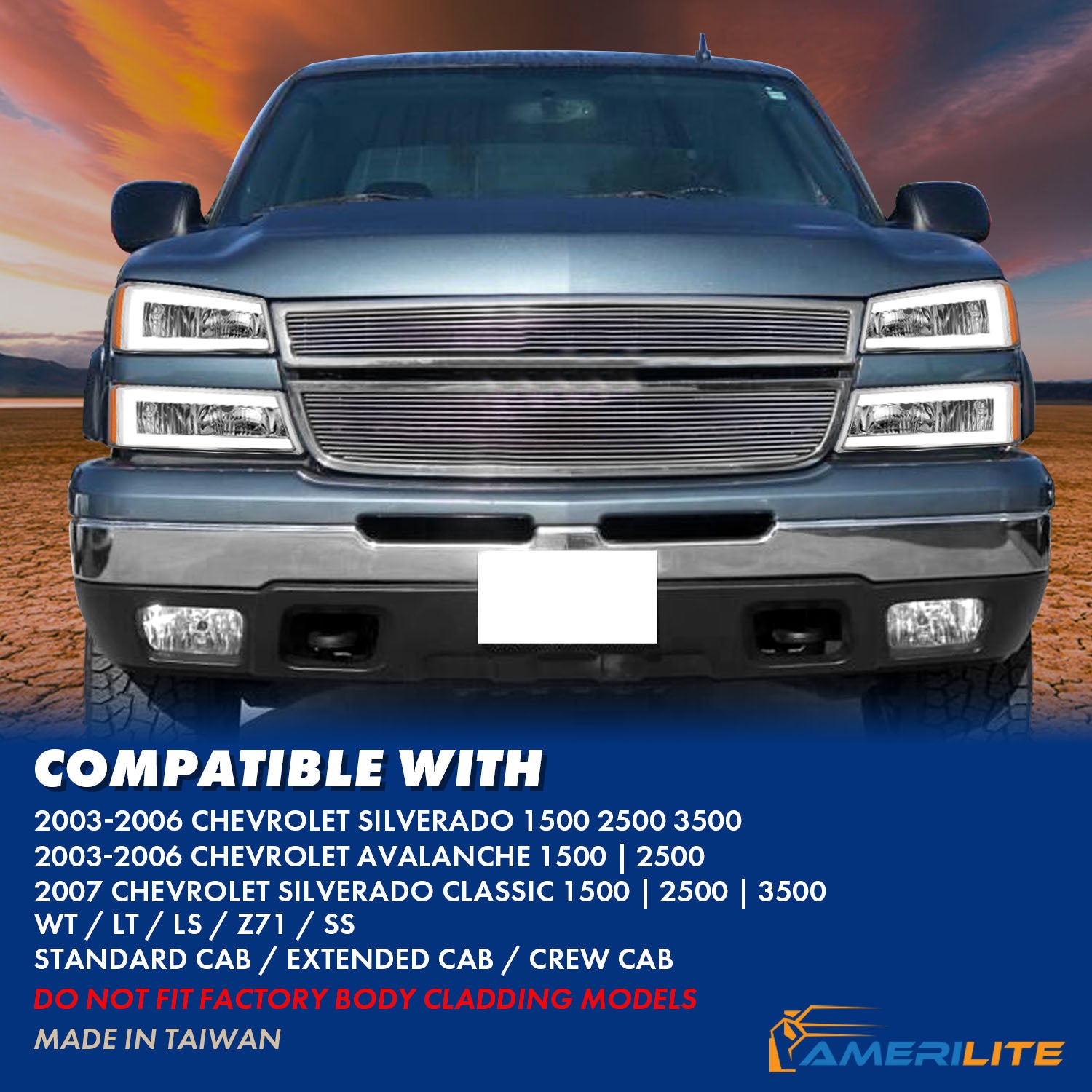 CHEVY SILVERADO 03-07/ AVALANCHE 02-06 HEADLIGHTS W/ SIGNAL LIGHT CHROME HOUSING AMBER (4 PCS) (W/ C LIGHT BAR) W/O BODY CLADDING