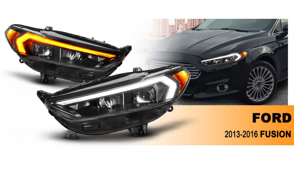 FORD FUSION 13-16 PROJECTOR SWITCHBACK HEADLIGHTS BLACK HOUSING CLEAR LENS