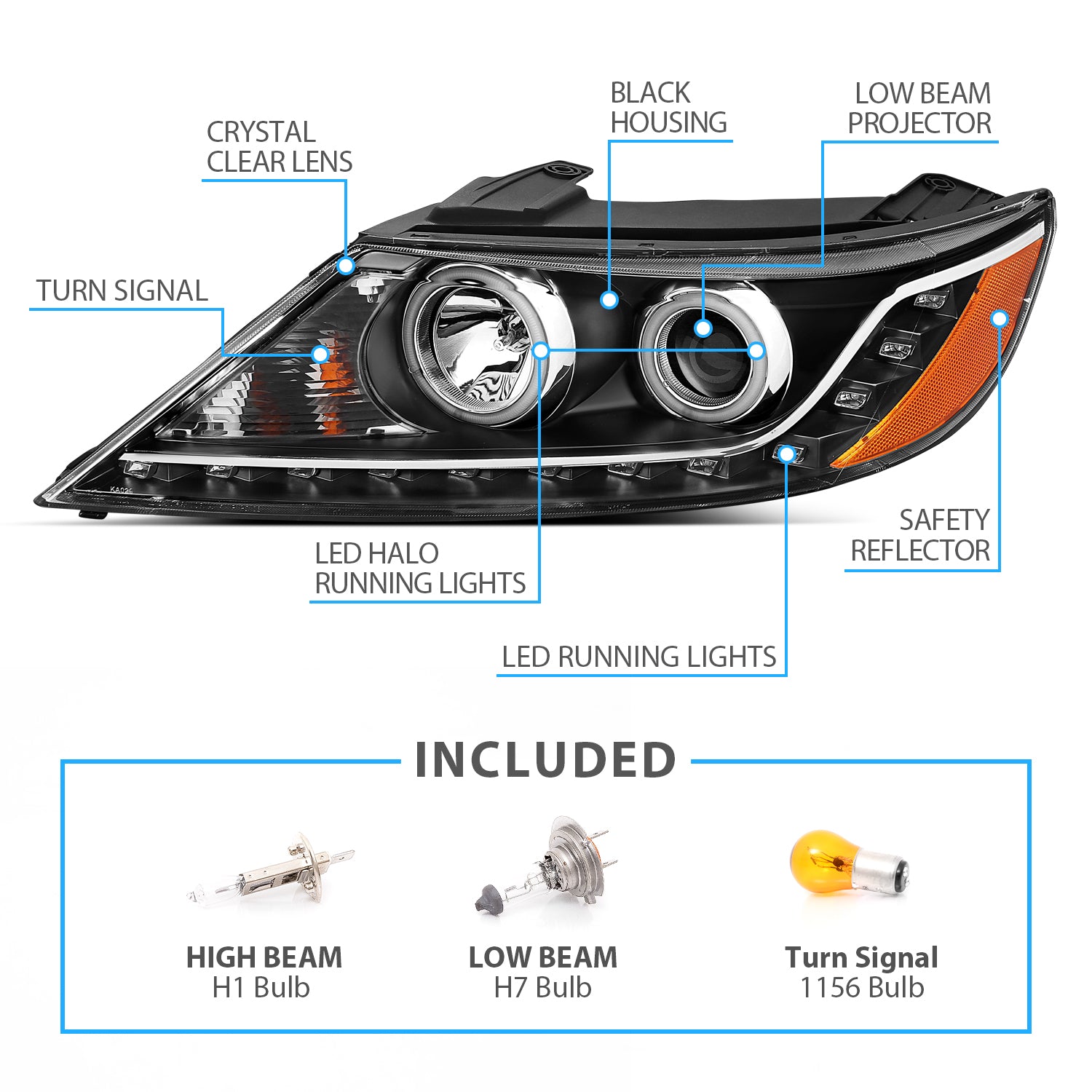 KIA SORENTO 2011 PROJECTOR HEADLIGHTS HALO BLACK CLEAR AMBER (RX HALO)