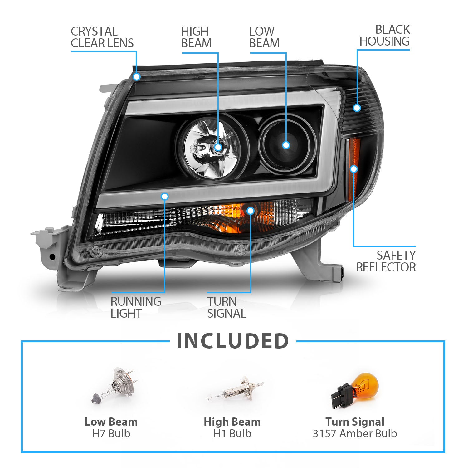 TOYOTA TACOMA 05-11 PROJECTOR LIGHT BAR STYLE HEADLIGHTS BLACK CLEAR AMBER  (W/ C LIGHT BAR)