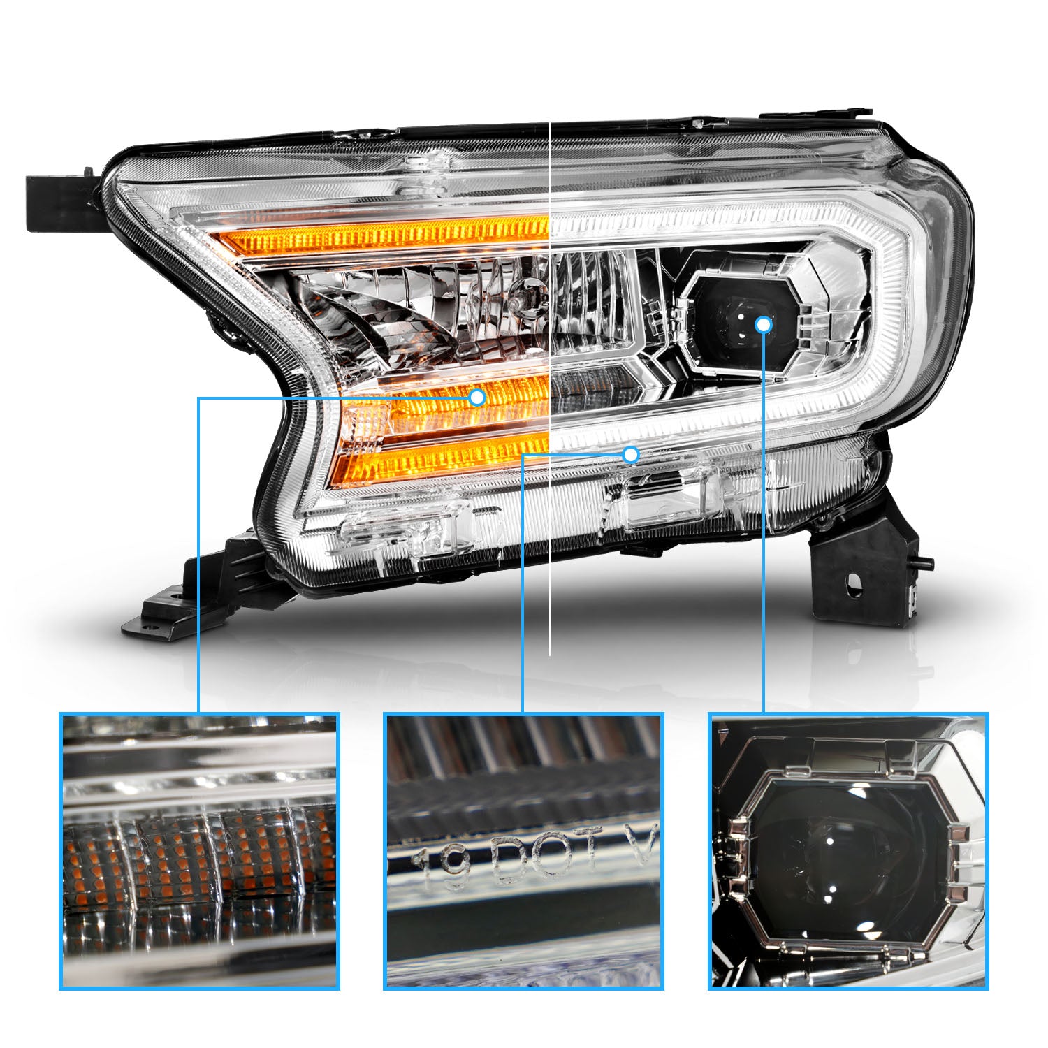 FORD RANGER 19-23 PROJECTOR HEADLIGHTS CHROME HOUSING CLEAR LENS SEQUENTIAL LIGHT BAR W/DRL