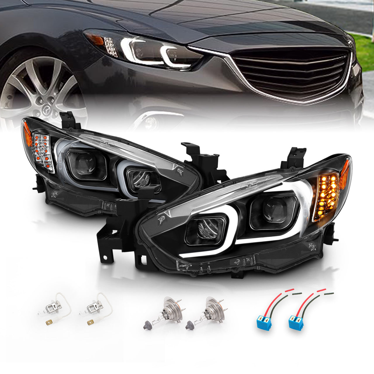 MAZDA 6 14-15 PROJECTOR LIGHT BAR STYLE HEADLIGHTS BLACK AMBER