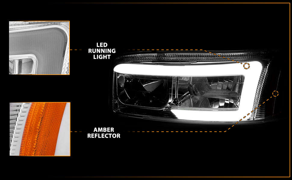 GMC SIERRA/SIERRA DENALI 99-07/SIERRA CLASSIC 2007/ YUKON/YUKON XL/YUKON DENALI 00-06 HEADLIGHTS  CHROME AMBER  (W/ C LIGHT BAR)