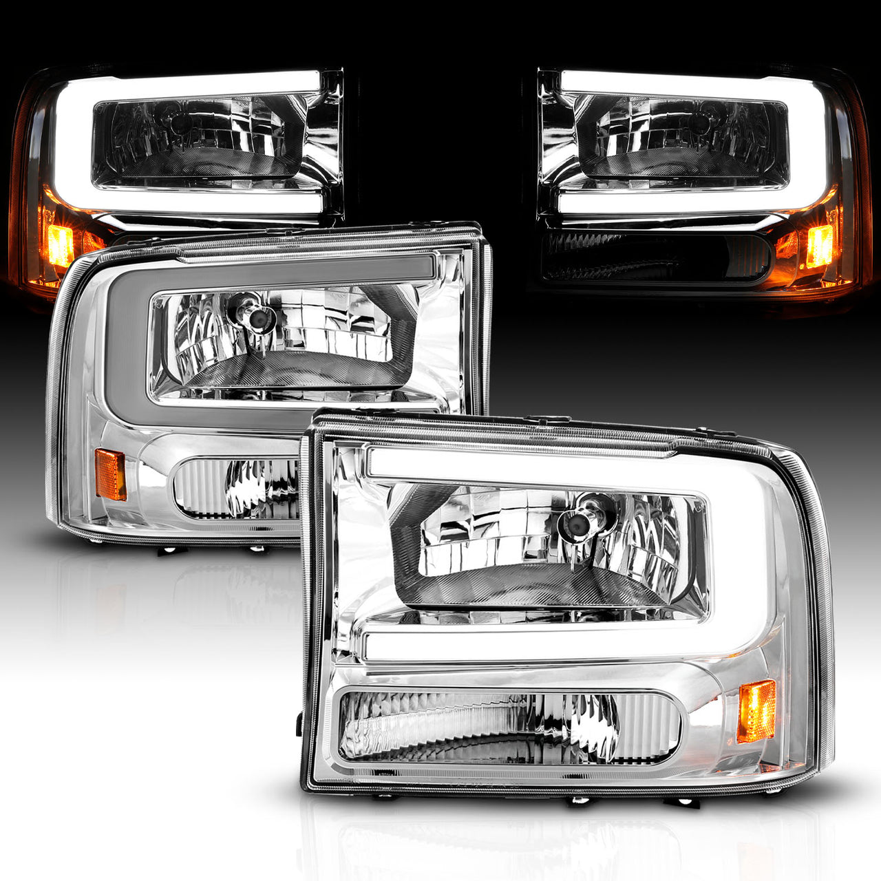 FORD EXCURSION 00-04/SUPER DUTY 99-04  HEADLIGHTS CHROME AMBER (W/ C LIGHT BAR)