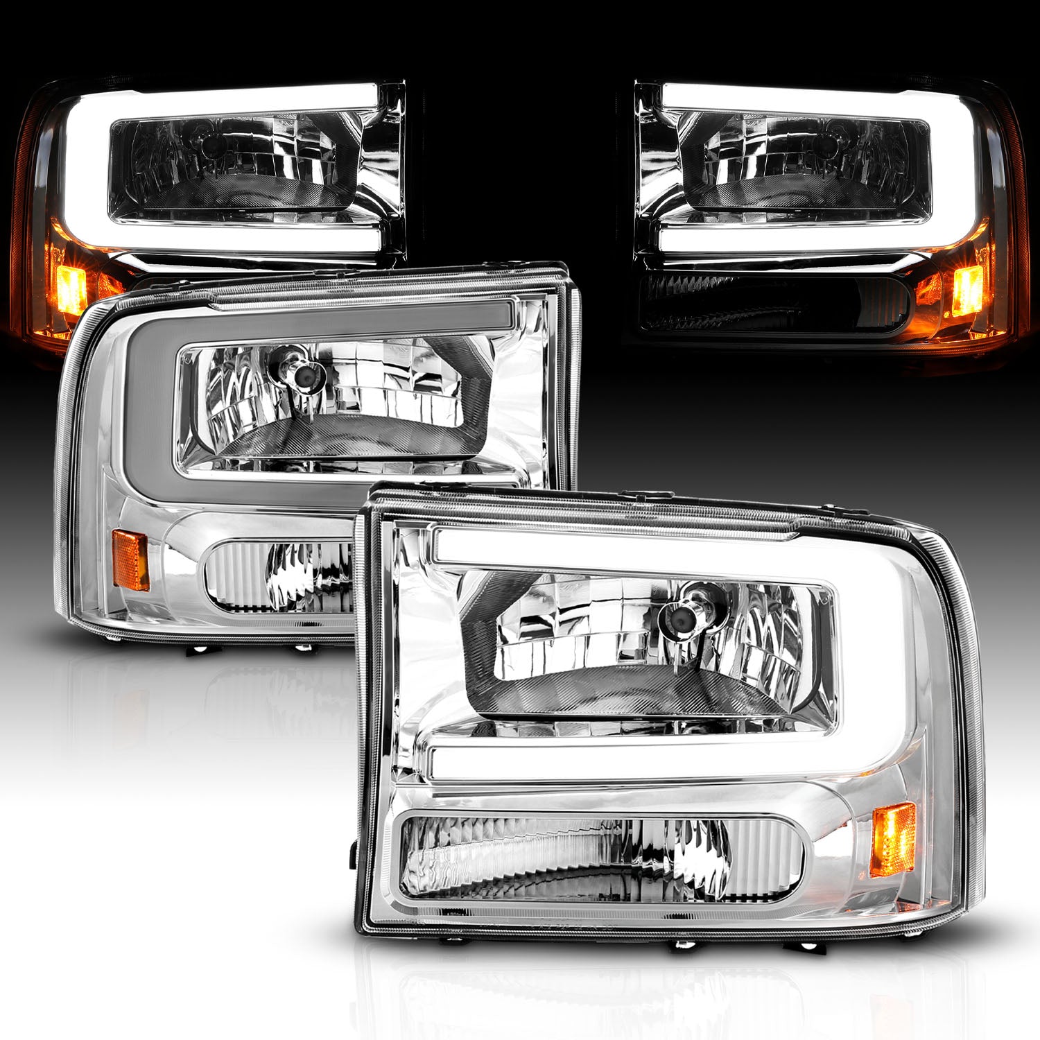 FORD EXCURSION 00-04/SUPER DUTY 99-04  HEADLIGHTS CHROME AMBER (W/ C LIGHT BAR)
