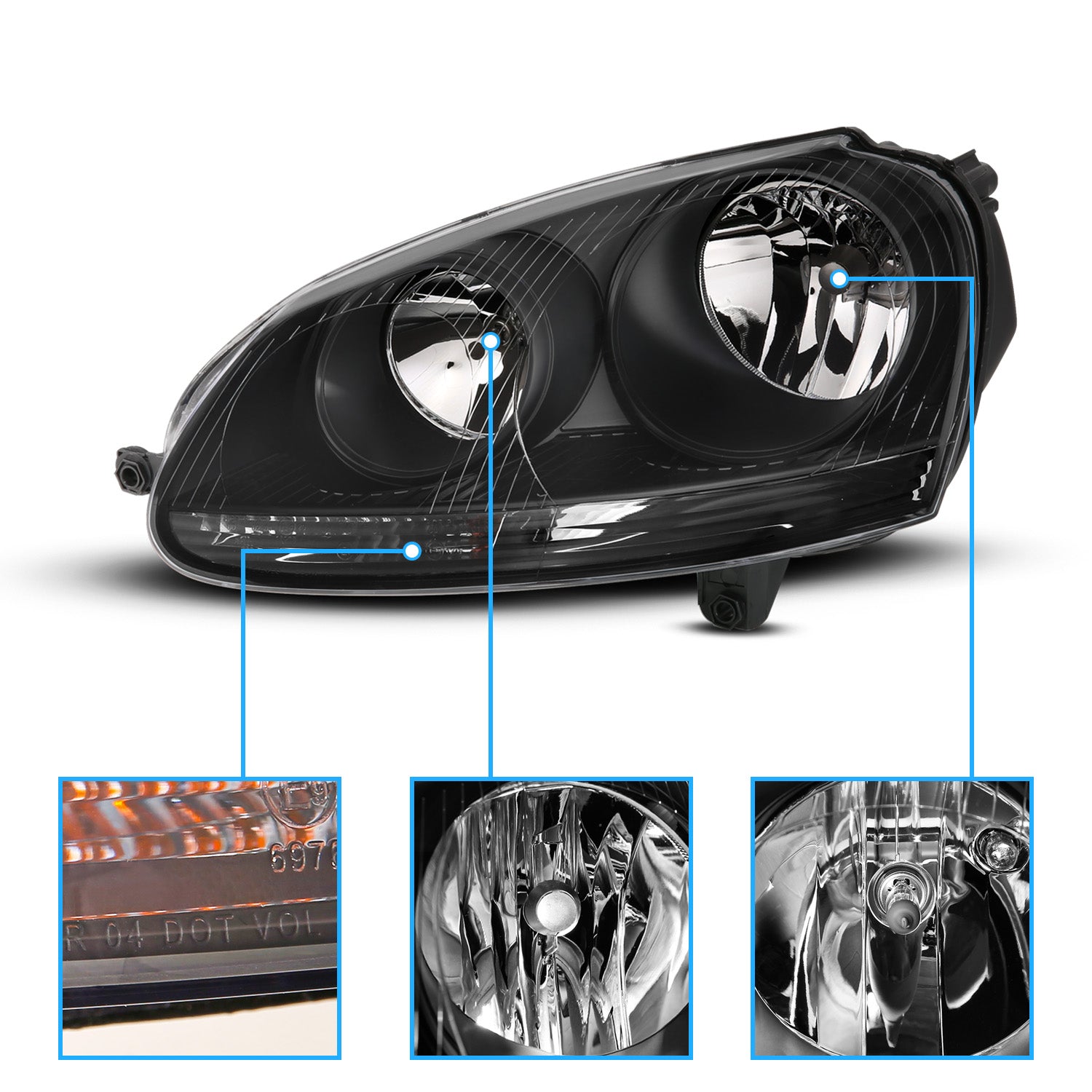 VOLKSWAGEN US RABBIT 06-09 / JETTA 05-10 / CANADA GTi 06-09 BLACK HEADLIGHTS (HALOGEN ONLY)