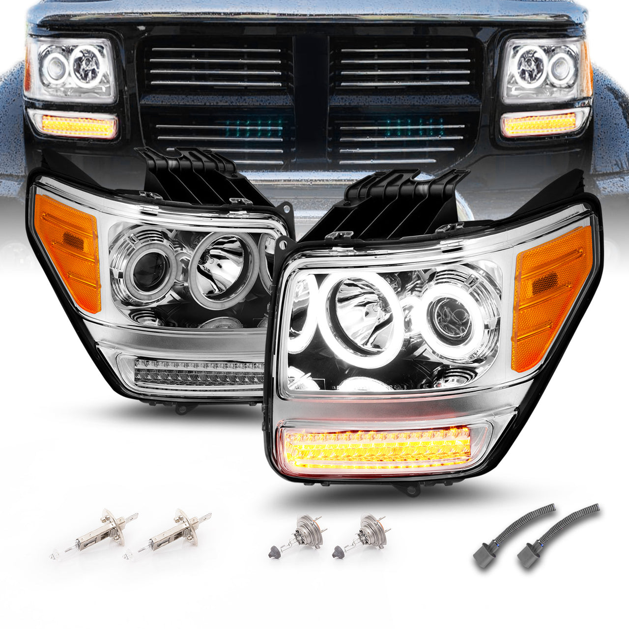 DODGE NITRO 07-08 PROJECTOR HEADLIGHTS G2 HALO CHROME CLEAR AMBER W/ LED (RX HALO)