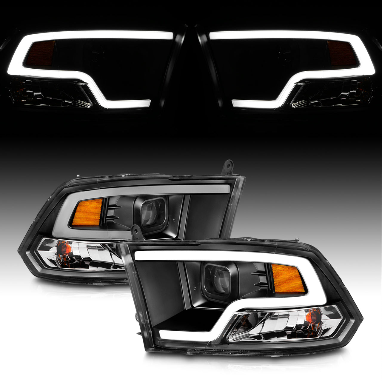 DODGE RAM 09-20 PROJECTOR LIGHT BAR STYLE HEADLIGHTS BLACK CLEAR AMBER (HALOGEN TYPE)